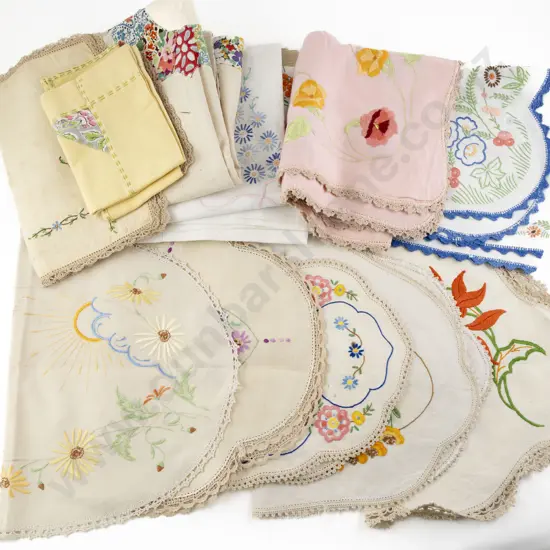 Four Vintage Embroidered Tablecloths & Selection Doilies