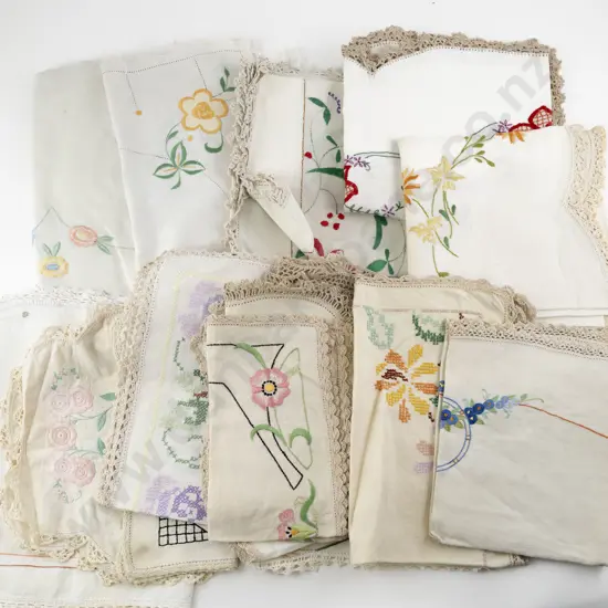 Four Vintage Embroidered Tablecloths & Selection Doilies