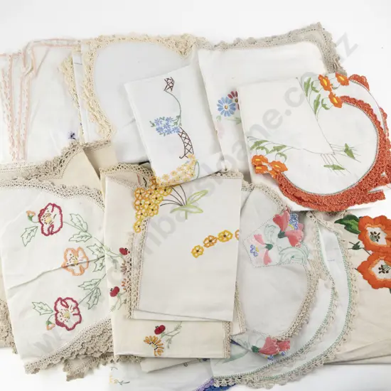 Four Vintage Embroidered Tablecloths & Selection Doilies