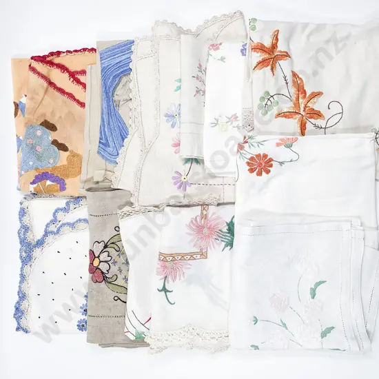 Six Vintage Embroidered Tablecloths & Selection Doilies