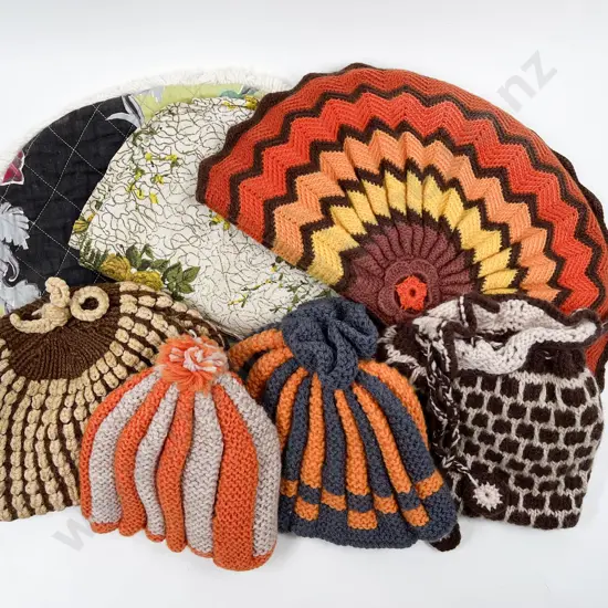 Two Cloth & Crocheted Tea Cosies & Four Other