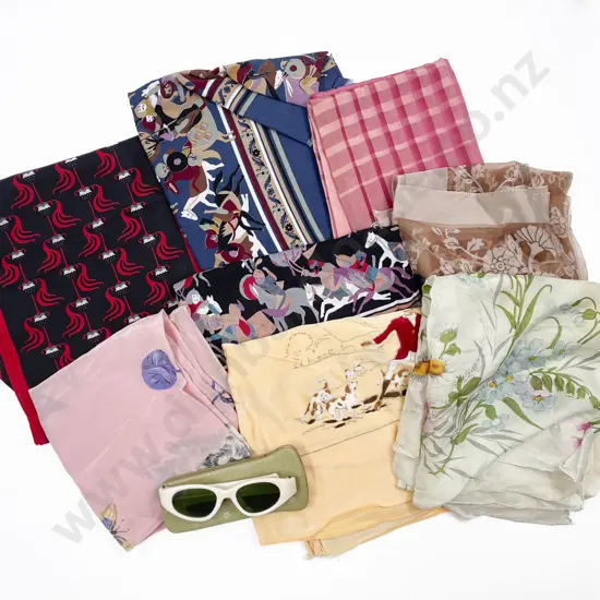 Eight Vintage Scarves & Pair Sunglasses with Case