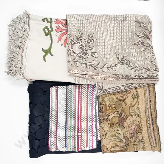 Vintage Linen Embroidered Table Cover & Machine Woven Tapestry Panels