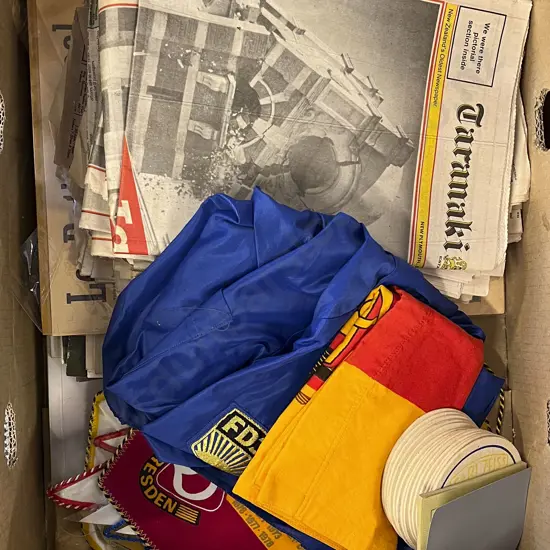 Box of Assorted Vintage Including Newspapers and Flags etc