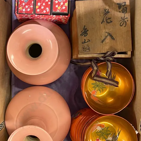 Box of Assorted Including Pair of Asian Vases and Lacquer Bowls etc