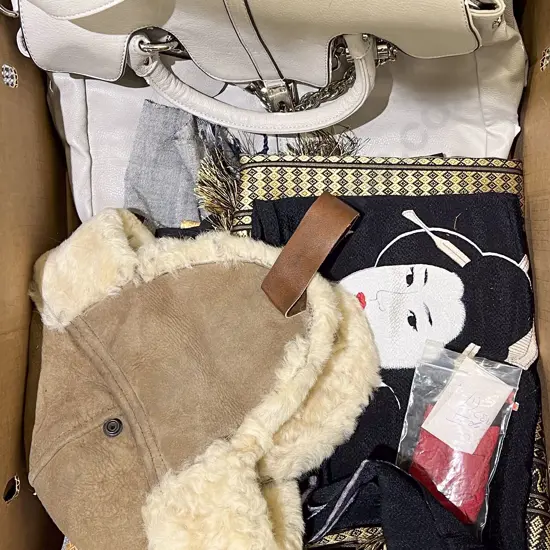 Box of Assorted Costumes with Handbag etc