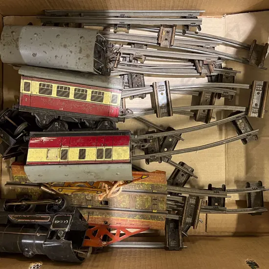 Box of Assorted Vintage Hornby Trains and Tracks