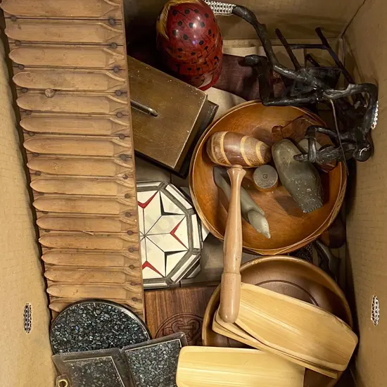 Box of Assorted Vintage Woodware etc Including Nut Bowl