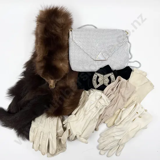 Small Box Including Gloves and Fox Fur Shawl etc