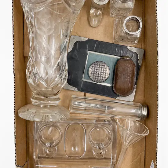 Small Box of Assorted Glassware and Desk Items etc