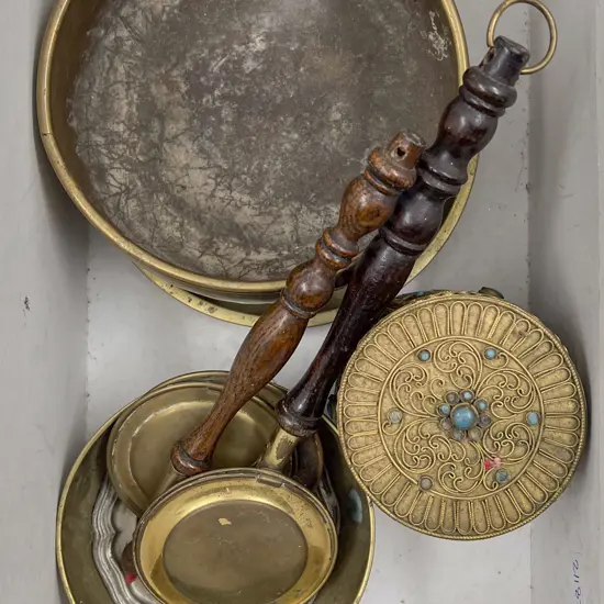 Small Box of Metalware Including Miniature Bed Warmers