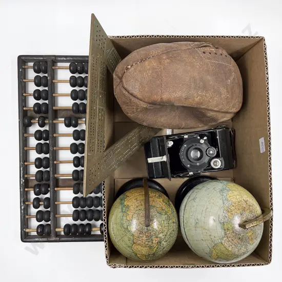 Box of Assorted Vintage Including Abacus and Two Desk Globes