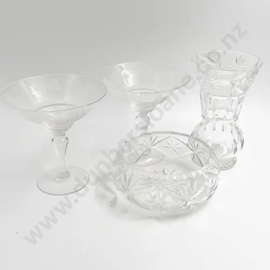 Pair of Stuart Crystal Compotes Together with Crystal Vase and Bowl