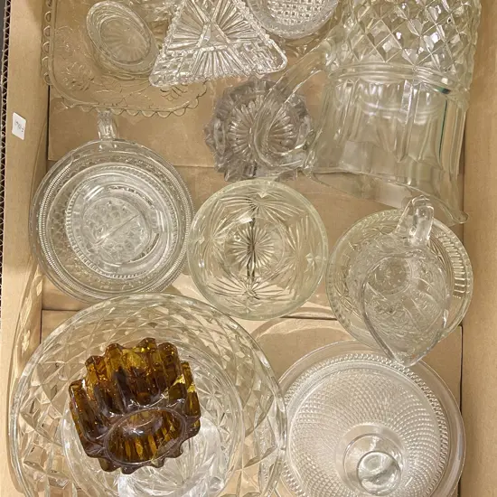 Box of Assorted Crystal and Pressed Glassware Including Lemon Squeeze