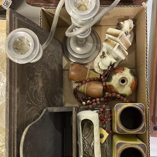 Box of Assorted Including Candelabra and Bookends etc