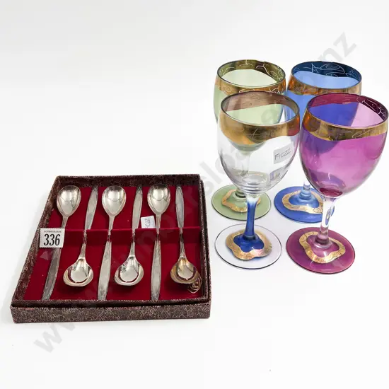 Four French Coloured Glass Goblets Together with Boxed Spoon Set