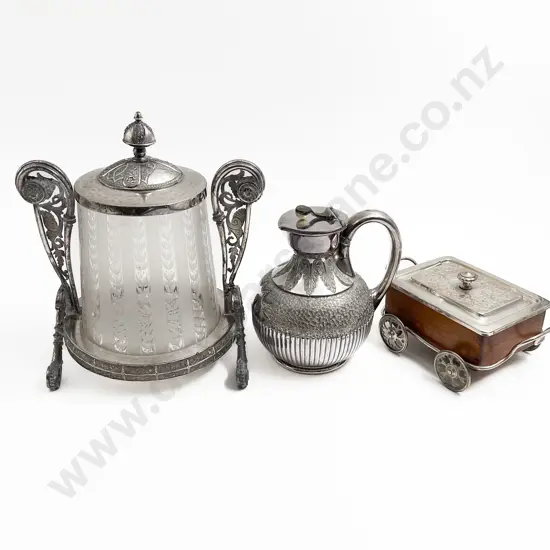 S/Plate Biscuit Barrel with Novelty Cigarette Cart and Water Jug