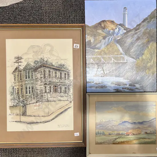 Framed Architectural Print Together with Acrylic on Canvas Work and Framed W/C