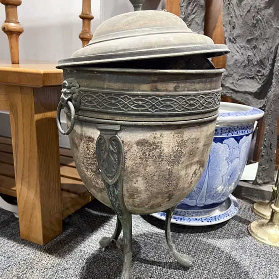Brass Lidded Footed Neo Classical Coal Bin with Two Small Planters