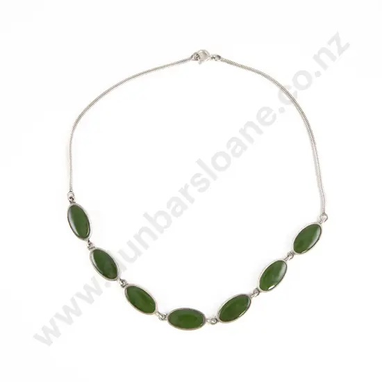 NZ Sterling Silver Seven Greenstone Panel Necklet