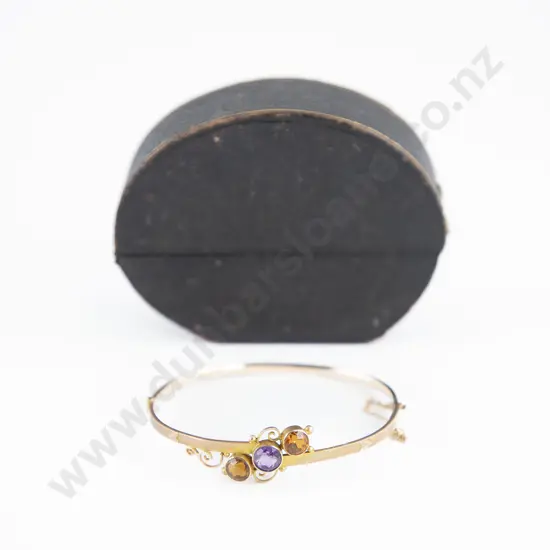 NZ Colonial 9ct Three Gem Hinged Snap Bangle