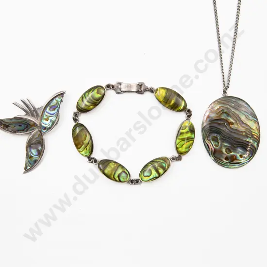 S/S and Paua Bracelet with Leaf Spray Brooch and Two Pendants