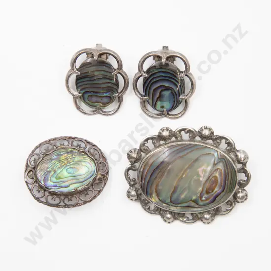 Two NZ S/S and Paua Brooches with Pair Earrings