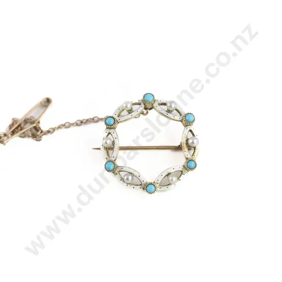 Edwardian 15ct Enamel Pearl and Turquoise Circlet Brooch