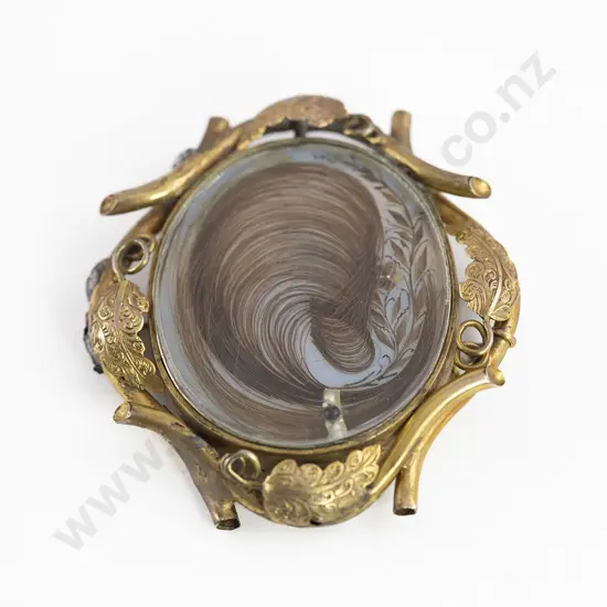 Large Early Victorian Gold Plate Framed Hair Memorial Brooch