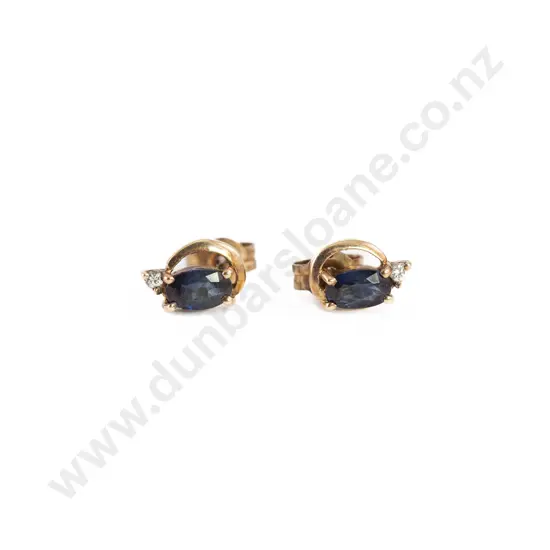 Pair 9ct SIngle Sapphire and Diamond Stud Earrings