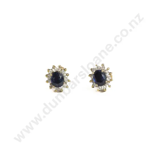 Pair 9ct Single Sapphire and Zircon Cluster Stud Earrings