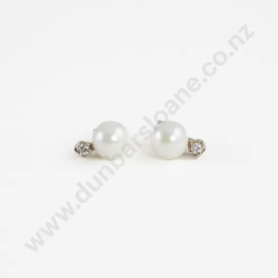 Pair 14ct White Gold Single Cultured Pearl and Diamond Stud Earrings