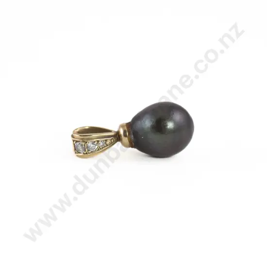 9ct Single Black Pearl and Diamond Pendant
