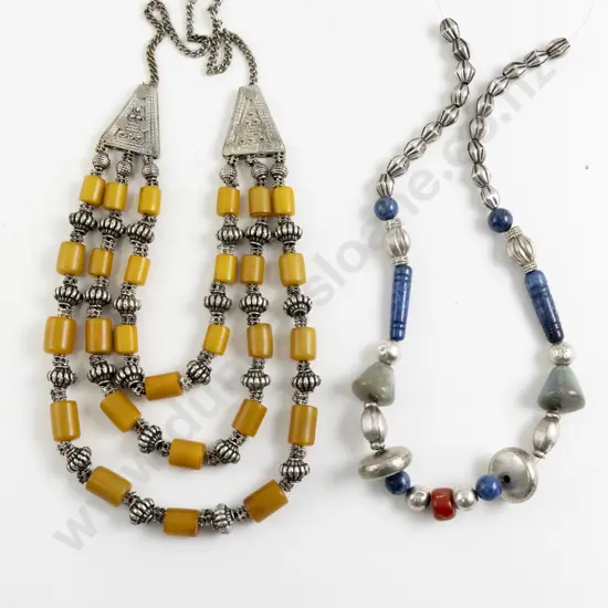 Yemen Resin Amber and Silver Metal Beaded Necklace