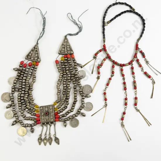 Yemen Silver Metal and Coral Beaded Pendant Necklace