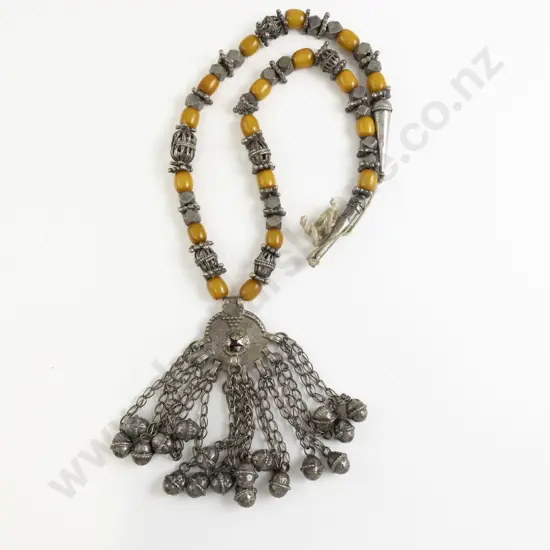 Antique Yemen Silver Metal and Resin Amber Beaded Pendant Necklace