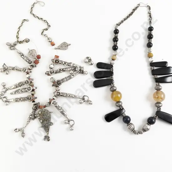 Vintage Yemen Silver Metal Cone and Coral Beaded Necklace