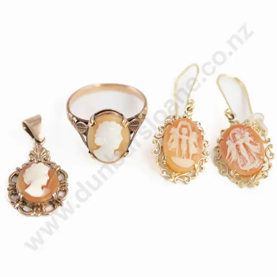 9ct Framed Cameo Ring Pendant and Pair Earrings