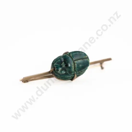 Edwardian 9ct Single Faience Scarab Beetle Bar Brooch