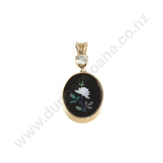 9ct Single Diamond and Onyx Opal Inlaid Fancy Pendant