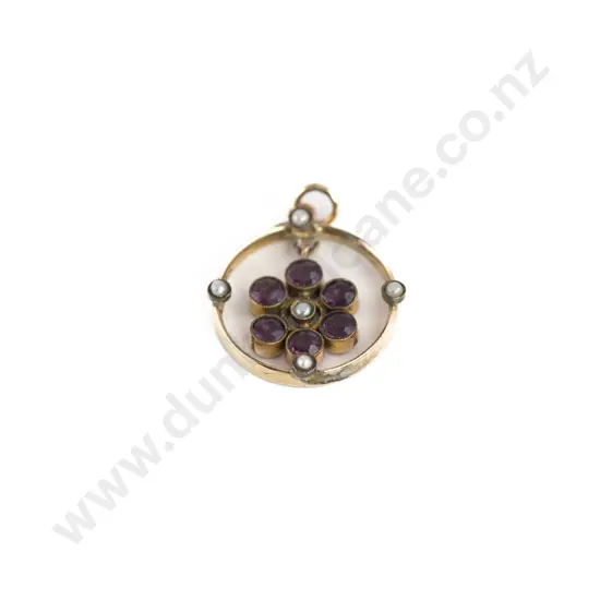 Edwardian 9ct Amethyst and Pearl Swing Circlet Pendant