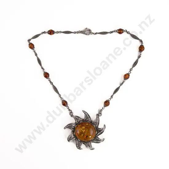 Silver Filigree and Amber Sun Burst Pendant