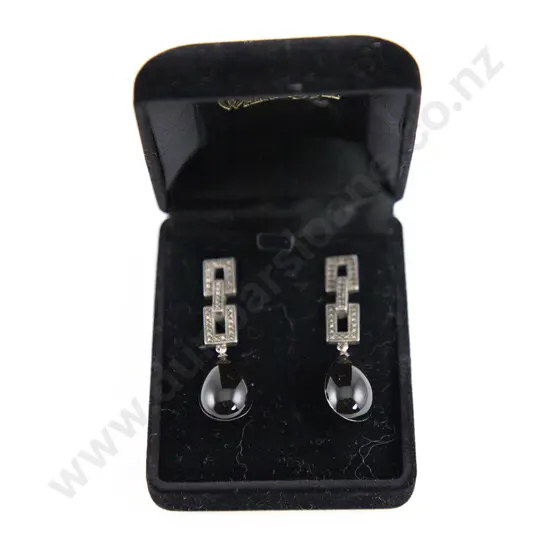 Pair Walker & Hall Silver Marcasite and Onyx Pendant Earrings