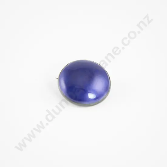 Sterling Silver Mounted Plain Blue Enamel Dome Circular Brooch
