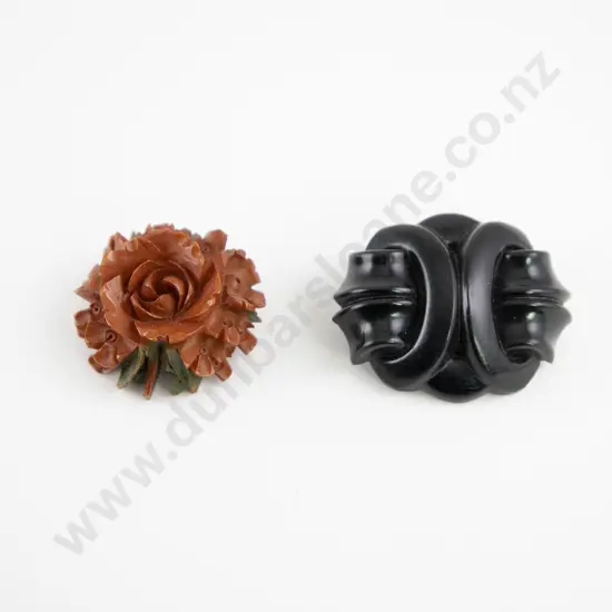 Victorian French Jet Brooch and Vegetable Ivory Carved Ivory Rose Brooch