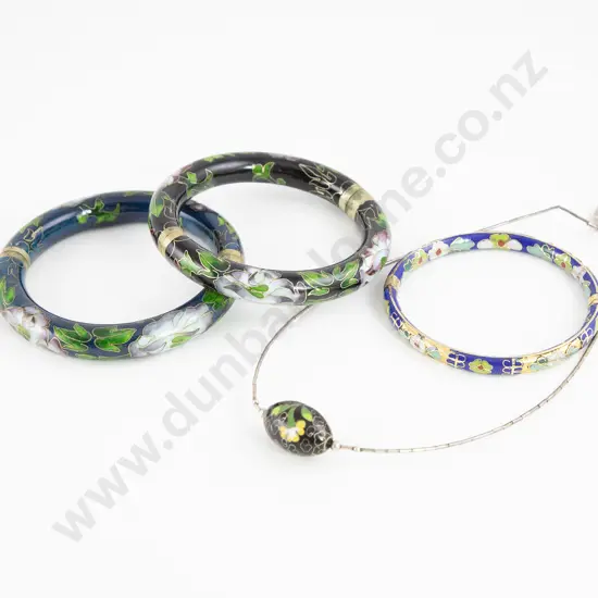 Three Cloisonne Bangles and Bead Necklace