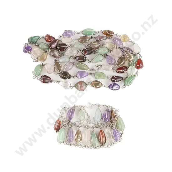 Silver Wire Bound Multi-Polished Gemstone Necklace and Bracelet