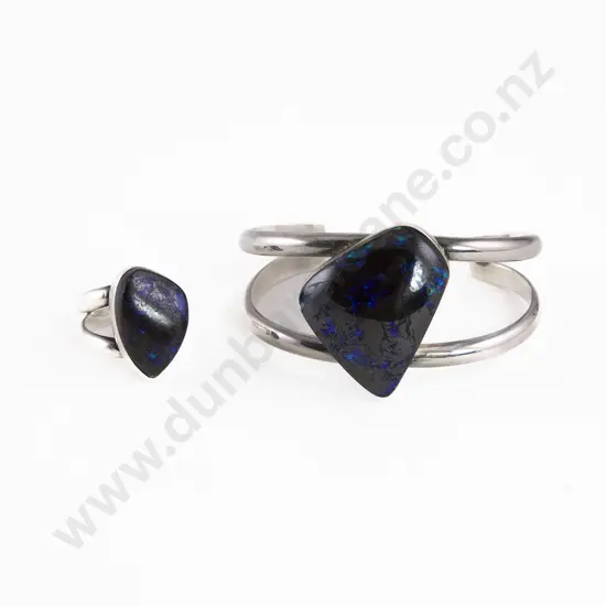 S/S Australian Opal Bearing Stone Cuff Bracelet and Ring