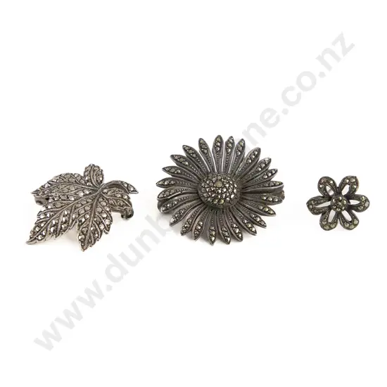 Vintage Silver and Marcasite Daisy Flower Head Brooch and Leaf Brooch