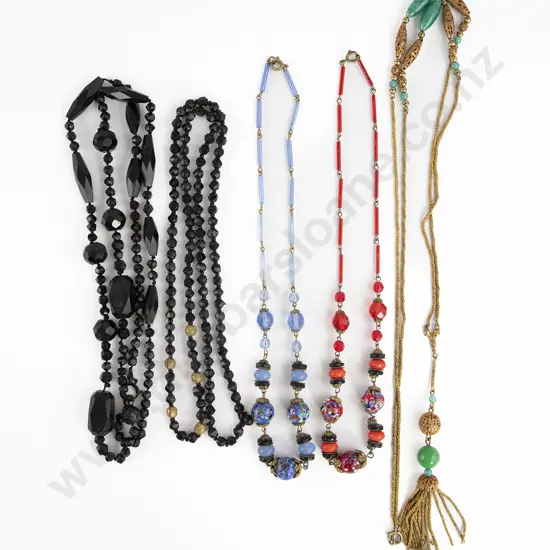 Two Late Victorian French Jet Bead Necklaces and three vintage Art Deco necklaces